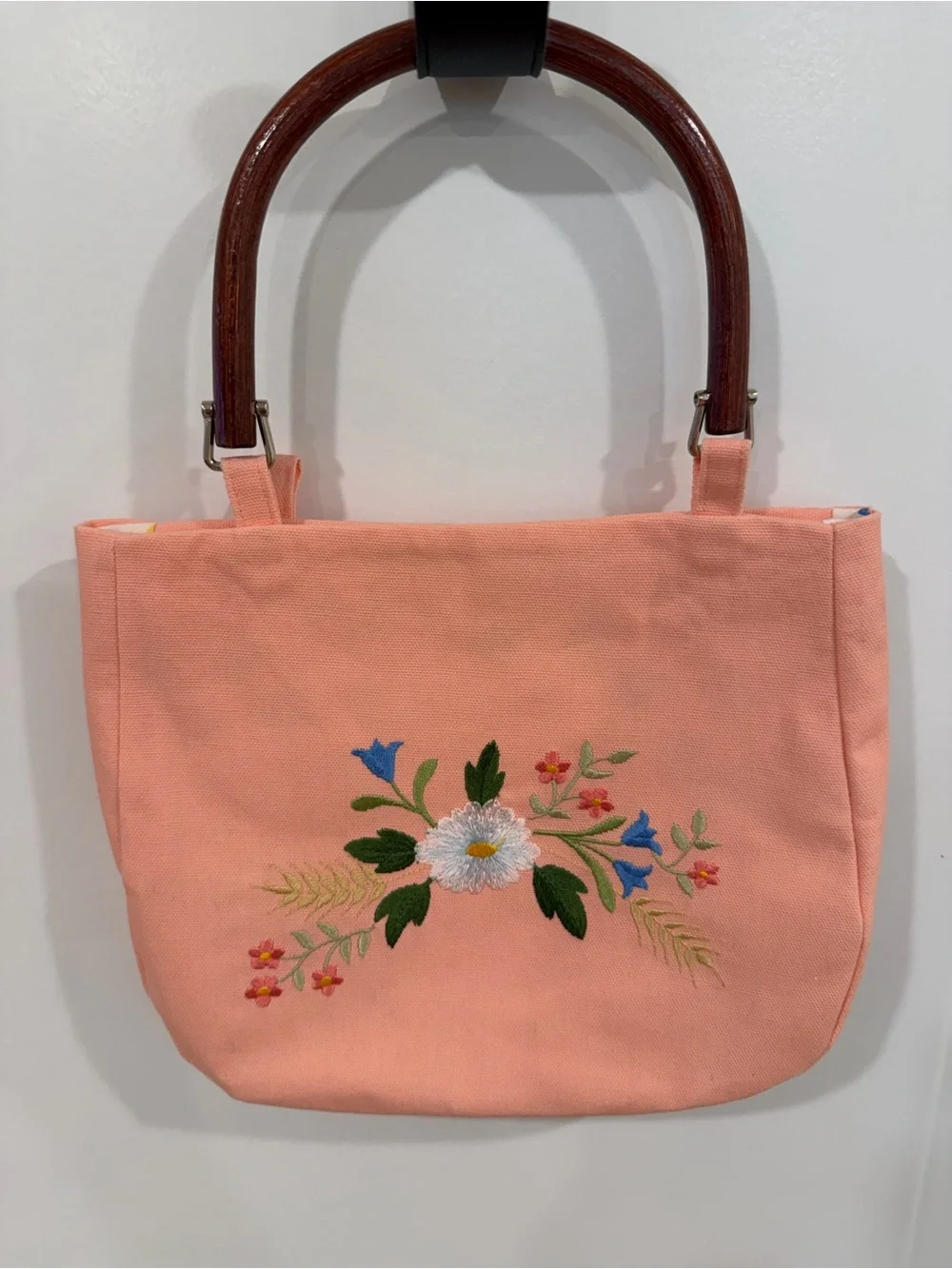Pink Floral Embroidered Purse with Wooden Handles